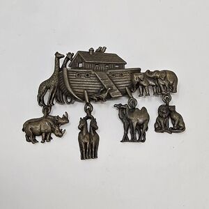 Vintage JJ Jonette pin brooch Noah's Ark 1980s dangle charms wild animal camel